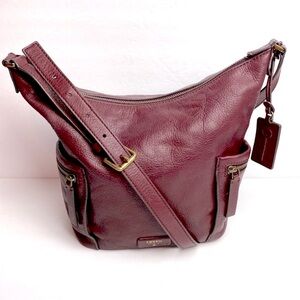 Vintage FOSSIL Emerson Burgandy Leather Hobo Crossbody Handbag Bag Purse #ZB6642